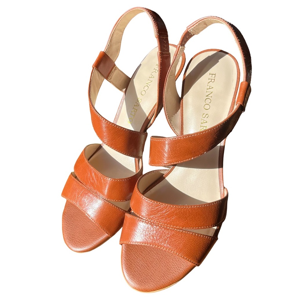Franco Sarto Leather Block Heel Sandals 7 Cognac Brown - Picture 3 of 8